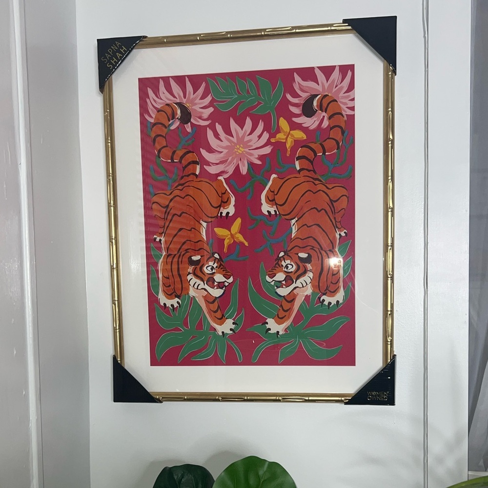 Colorful tiger wall art with gold frame